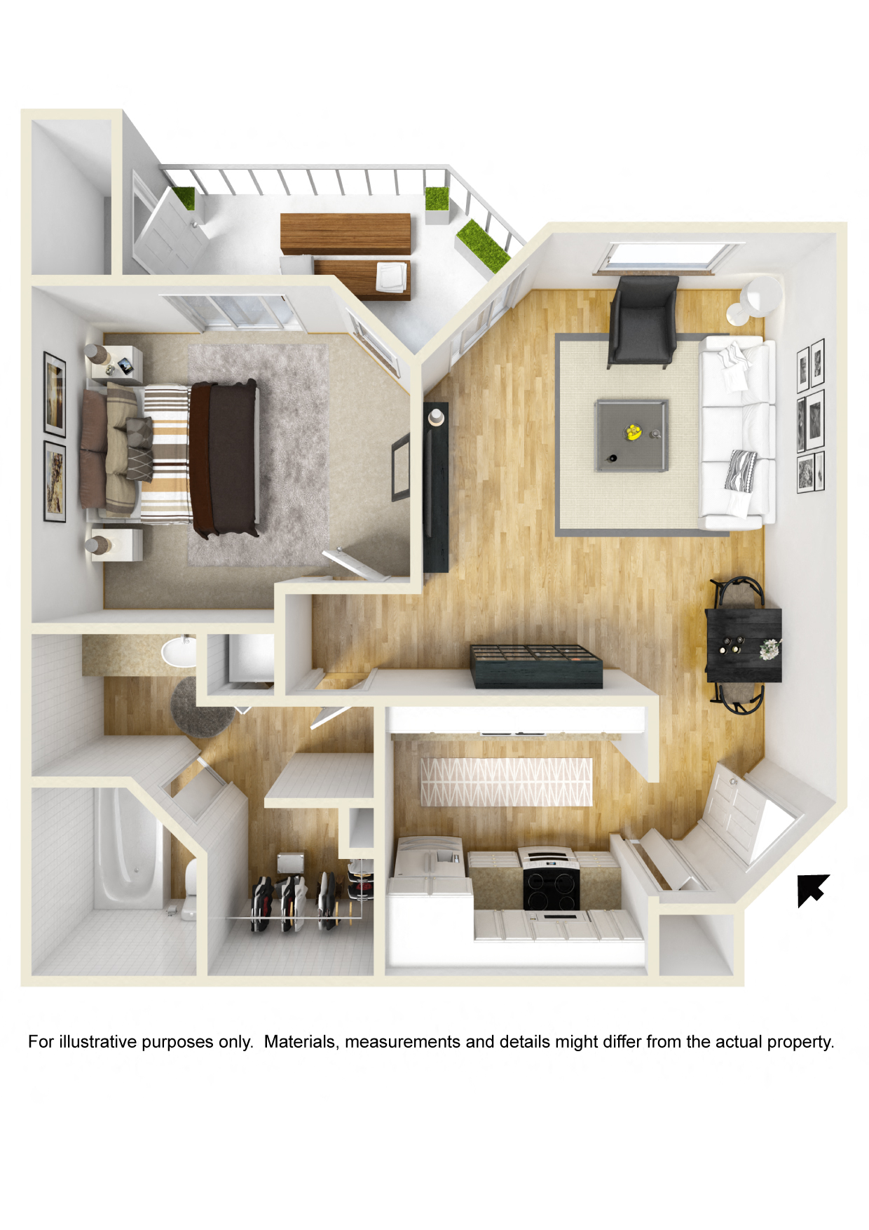 Floor plan for 1 bed, 1 bath, 504 sqft